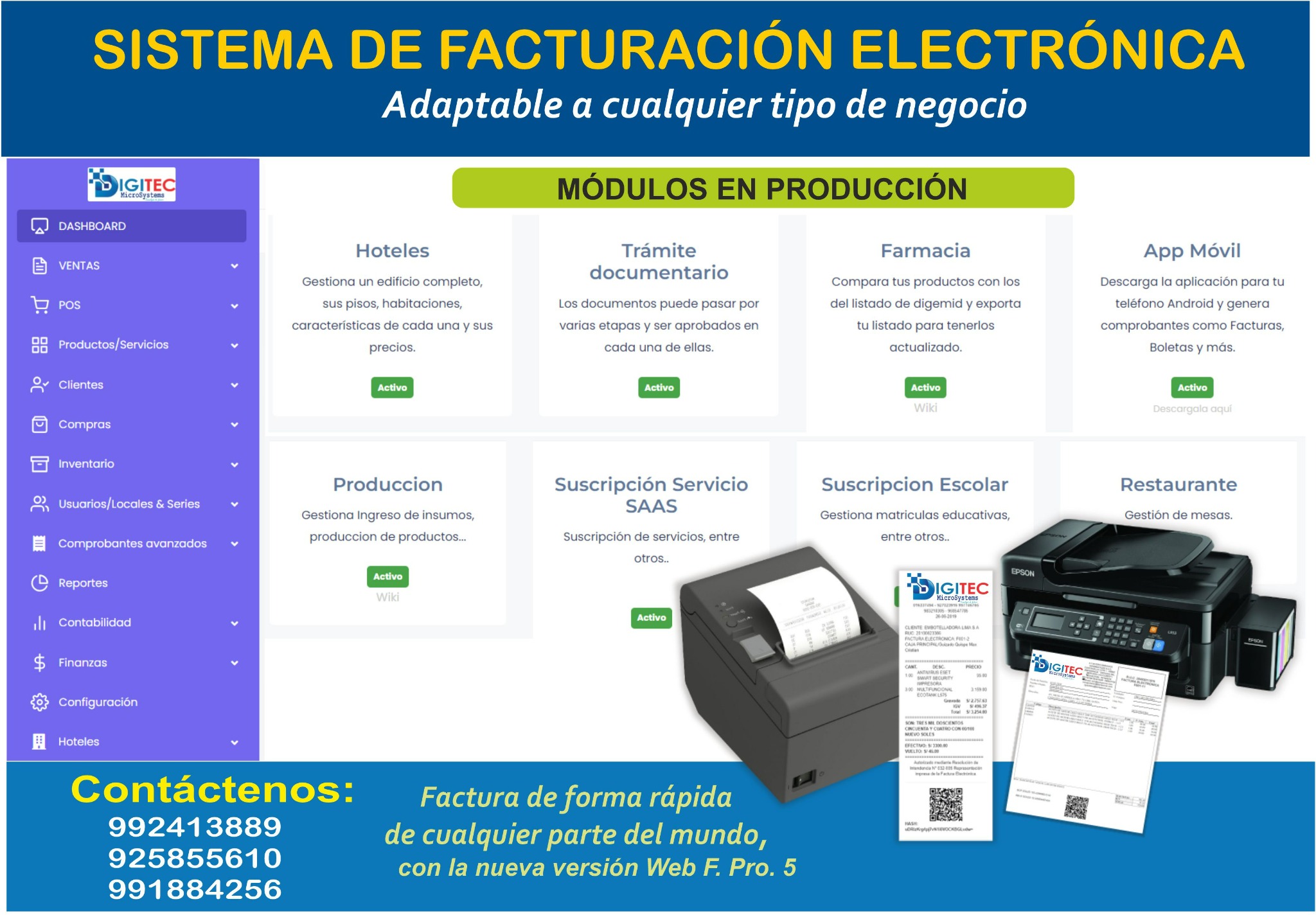 Módulos del sistema de facturación electrónica de Digitec Microsystems
